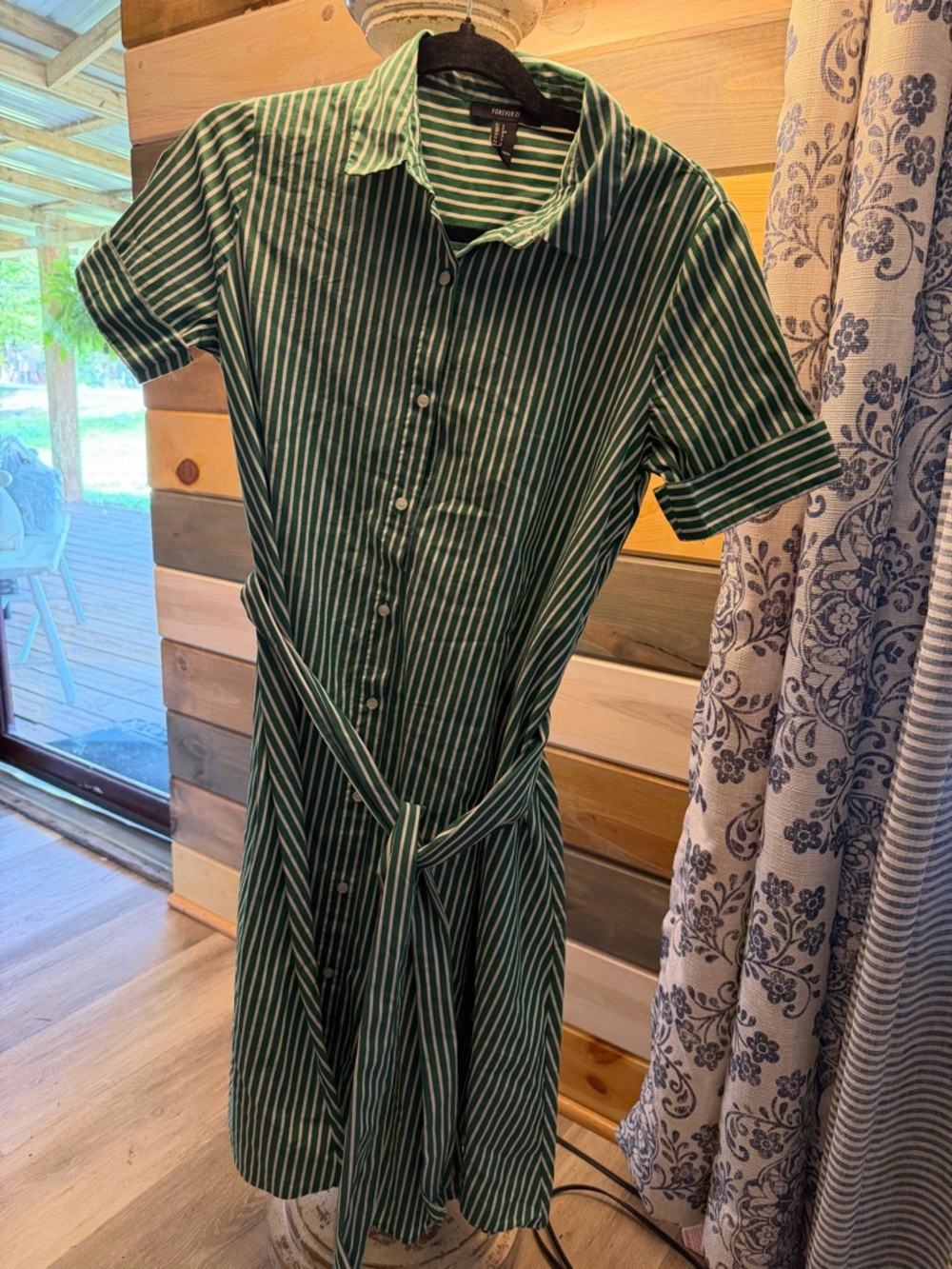Forever 21 Green and White Striped Mini Shirt Dress